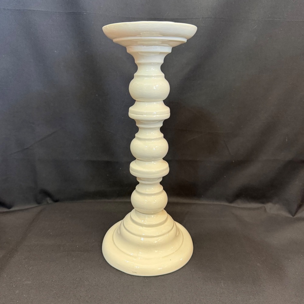 Vintage White Ceramic Pillar Candle 10.5" Mid Century Farmhouse Candlestick